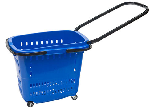 中国 食料雑貨のための車輪、4が付いている青い55L買物かごはハンドルが付いている買物かごを動かします サプライヤー