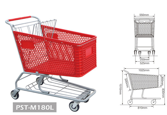 中国 4食料雑貨品店のための車輪180Lの買物車が付いているPST-M180Lの赤い色のスーパーマーケットのショッピング トロリー サプライヤー